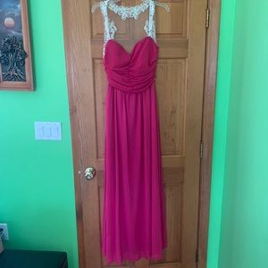 Pink open lace back prom dress